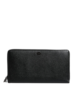 Black Calfskin Leather Logo Zip Around Continental Wallet