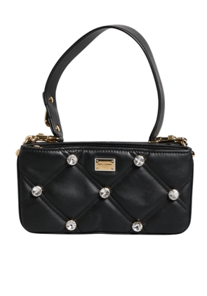 Black Leather Crystal Embellished Logo Shoulder Bag