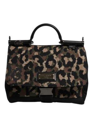 Brown Leopard Print Lacquard Nylon Sicily Tote Bag