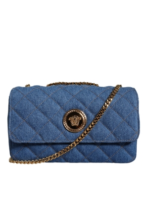 Blue Quilted Denim Leather Crossbody Shoulder Bag