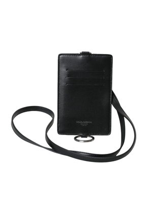 Black Calf Leather Lanyard Logo Card Holder Men Wallet