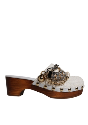 White Raffia Clogs Bejeweled Chain Sandals Shoes - EU35.5/US5