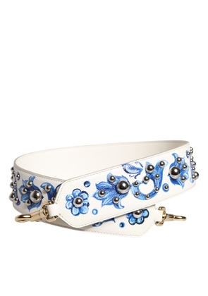 White Blue Floral Leather Stud Shoulder Strap