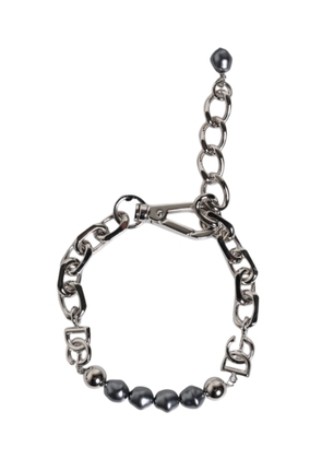 Silver Tone Chain Lobster Clasp Logo Gray Pearls Bracelet