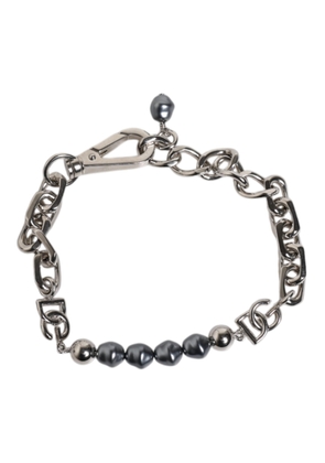 Silver Tone Chain Lobster Clasp Logo Gray Pearls Bracelet