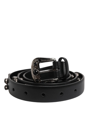 Black Studded Leather Metal Logo Buckle Belt - 90 cm / 36 Inches
