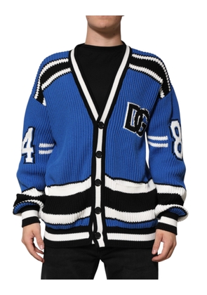 Blue Cotton Logo Patch Ribbed Knit Cardigan Sweater - L