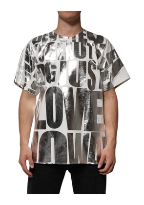 White Cotton Silver Metallic Slogan Print T-shirt - M