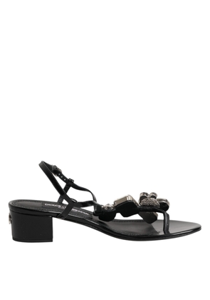 Black Leather Crystal Ankle Strap Sandals Shoes - EU35.5/US5