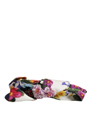 White Multicolor Floral Silk Bow Crystal Embellished Headband