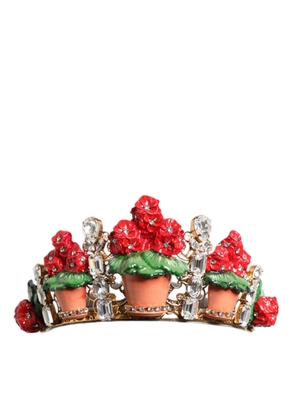 Red Floral Flowerpot Crystal Gold Crown Tiara Headband