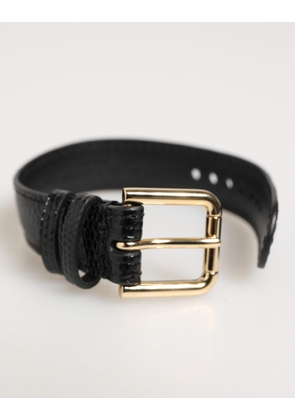 Black Embossed Leather Gold Buckle Belt Strap Bracelet