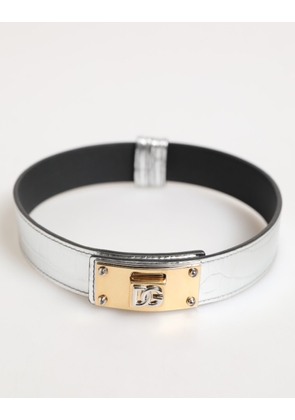 Silver Textured Leather Gold Tone Metal Neckband