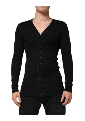 Black Cotton Button Up Men Cardigan Sweater - M