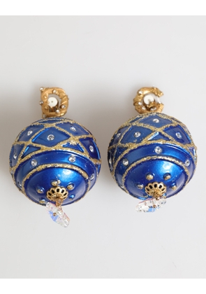 Gold Brass Blue Christmas Ball Crystal Drop Clip On Earrings