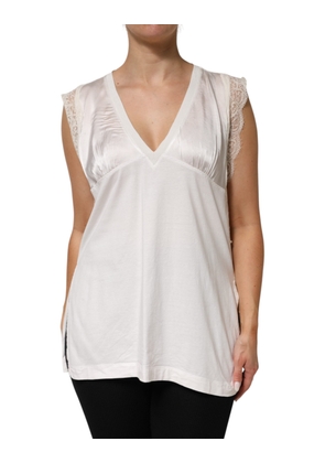 White Silk Blend Lace Trim Sleeveless V-Neck Women’s Top - M