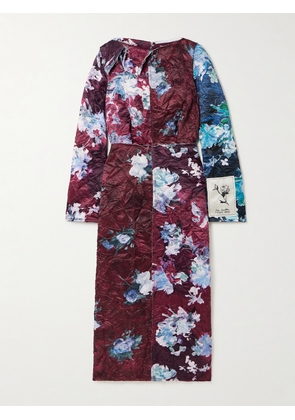 Erdem - Frayed Floral-print Crinkled-satin Midi Dress - Burgundy - UK 6,UK 8,UK 10,UK 12,UK 14,UK 16