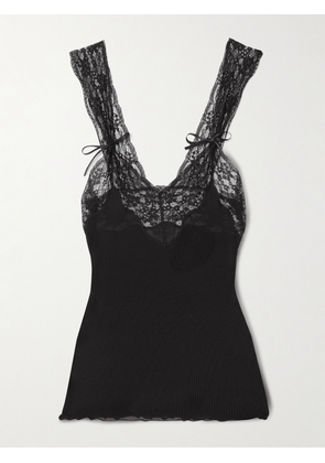 SAINT LAURENT - Lace-trimmed Ribbed Silk Tank - Black - XXS,XS,S,M,L
