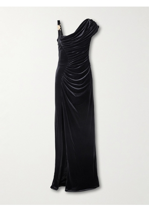 Versace - Embellished Ruched Stretch-velvet Gown - Black - IT36,IT38,IT40,IT42,IT44,IT46