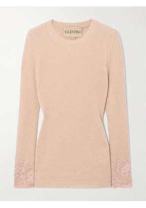 Valentino Garavani - Lace-trimmed Ribbed Cashmere Top - Pink - xx small,x small,small,medium,large,x large