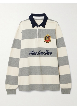 Aimé Leon Dore - Script Embroidered Printed Striped Corduroy-trimmed Cotton Rugby Shirt - Off-white - x small,small,medium