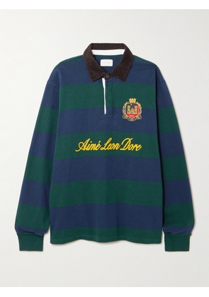 Aimé Leon Dore - Script Embroidered Printed Striped Corduroy-trimmed Cotton Rugby Shirt - Green - x small,small,medium