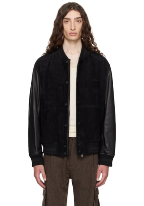 Hugo Black Embossed-Logo Leather Bomber Jacket