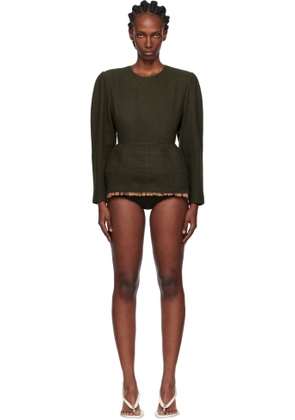 Pushbutton Khaki Frilled Hem Micro Minidress