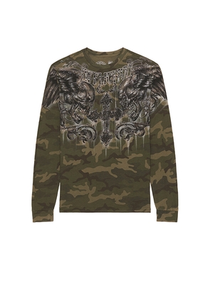 Affliction Fragmented Long Sleeve Tee in Army. Size L. Also in XL/1X.