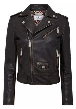 Philipp Plein logo-patch leather biker jacket - Black