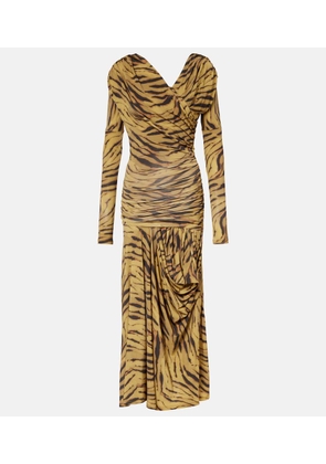 Ganni Asymmetric draped tiger-print maxi dress