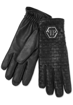 Philipp Plein Hexagon interwoven leather gloves - Black