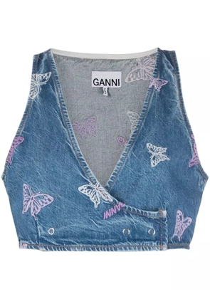 GANNI embroidered denim crop top - Blue