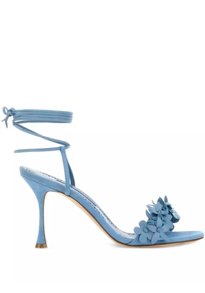 Manolo Blahnik 90mm flower-embellished lace-up heeled sandals - Blue