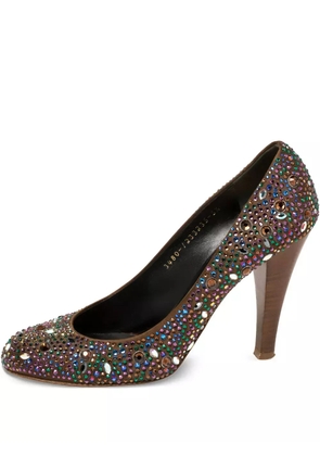 Gina pre-owned 100mm round-toe crystal-embellishments pumps - Brown