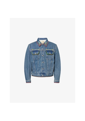 Mens Valentino Garavani Beaded-Embellishment Printed-Trims Denim Jacket