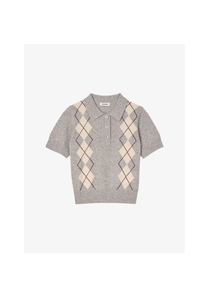 Womens Sandro Argyle Polo-Collar Wool and Cashmere-Blend Jumper