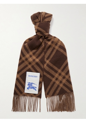 Burberry - Logo-Appliquéd Fringed Checked Cashmere Scarf - Men - Brown
