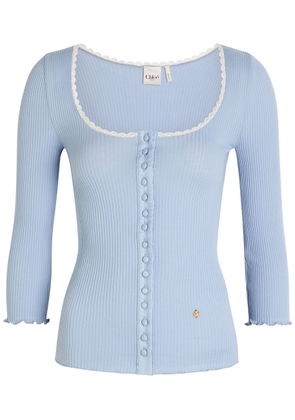 Chloe Ribbed-knit Cotton Cardigan - Light Blue - M (UK12 / M)