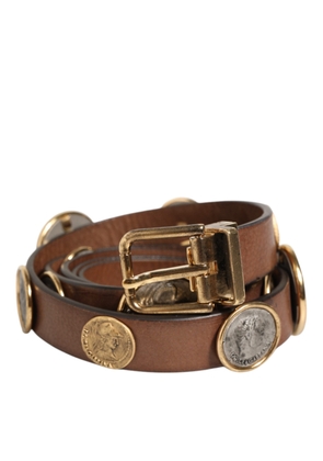 Dolce & Gabbana Brown Leather Gold Silver Coin Buckle Belt - 90 cm / 36 Inches