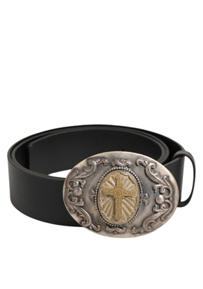 Dolce & Gabbana Black Leather Ornate Metal Buckle Men Belt - 100 cm / 40 Inches