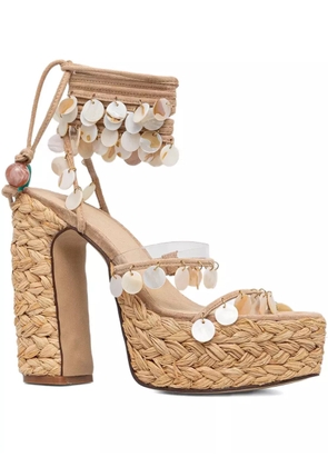 NAKED WOLFE 130mm Fantastic shell-embellished raffia platform espadrilles - Neutrals