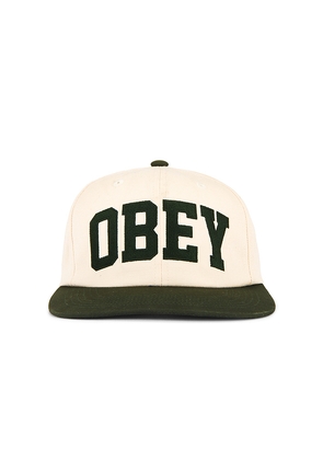 Obey Collegiate 6 Panel Strapback in Cream.