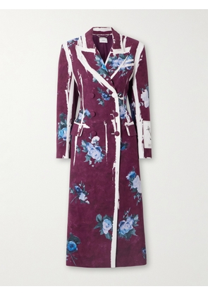 Erdem - Double-breasted Floral-print Satin Coat - Burgundy - UK 8,UK 10,UK 12