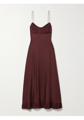 DÔEN - Rosaria Gathered Polka-dot Silk-blend Midi Dress - Burgundy - xx small,x small,small,medium,large,x large,xx large
