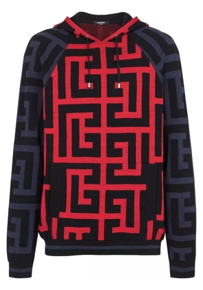 Balmain monogram-print drawstring hoodie - Blue