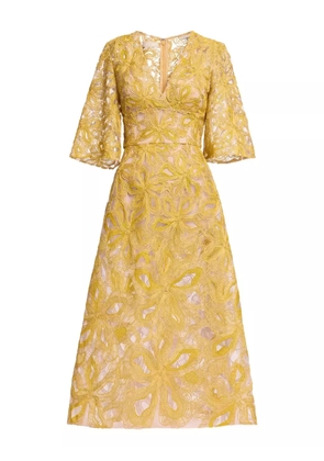 Elie Saab floral-embroidered midi dress - Yellow