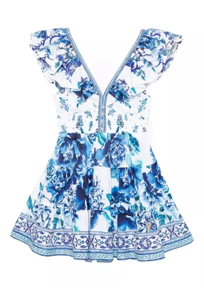 Camilla neck frill tiered short dress - White