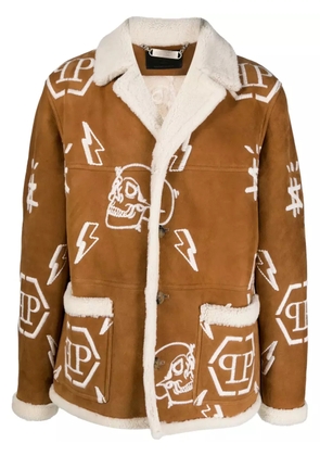 Philipp Plein logo-embroidered suede coat - Brown