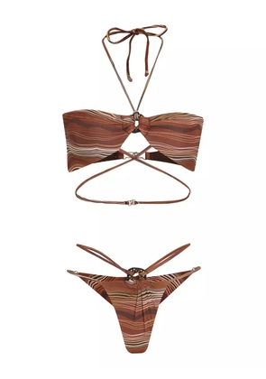 Amir Slama ring-detail striped bikini set - Brown